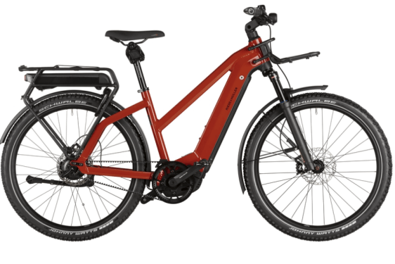 Bicicleta electrica RM Charger3 Mixte GT vario HS 46 cm '22 rosie (625Wh, Intuvia, cos fata, kit confort, cu geanta de blocare)